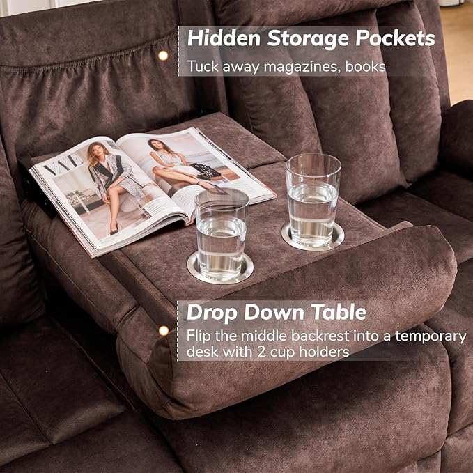 Power Recliner Sofa with Drop Down Table Heat &amp Massage Reclining Sofa Couch with Cup Holders USB &amp Type-C Ports Recliner Couch for Living Room RV Office Apartment