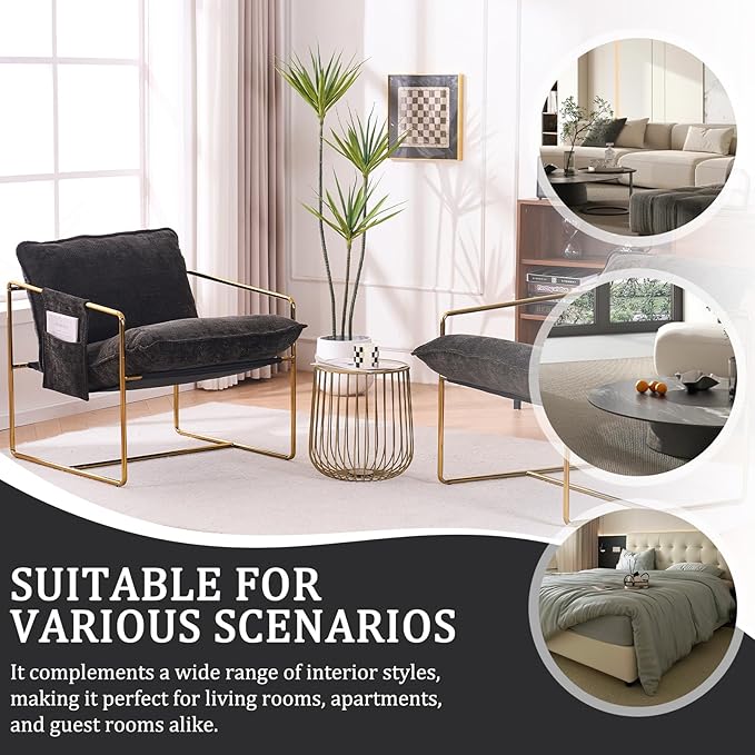 Modern Accent Chair Set of 6 Comfy Reading Armchair with Backrest and Metal Frame Upholstered Living Room Chairs for Bedroom/Office (Dark Gray Gold Legs Set of 6)