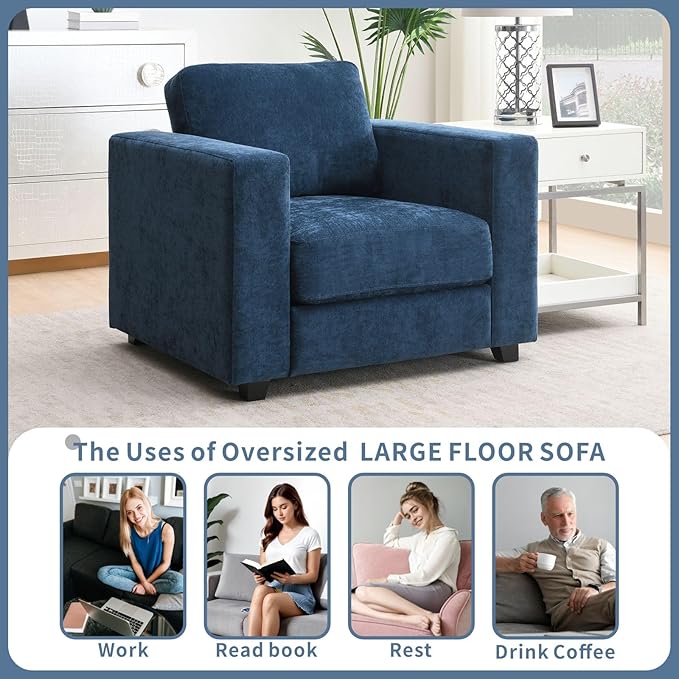 39 Oversized Accent Chair Chenille Fabric Upholstered Armchair Comfy with 350lb Weight Capacity &amp 7-inch Thick Seat – The Perfect Reading Chair for Living Room Bedroom Office (A-Blue)