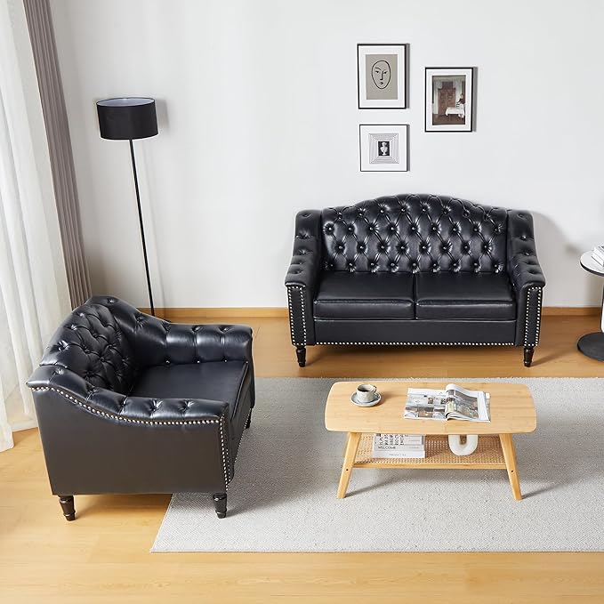LEVNARY Chesterfield Loveseat Leather Upholstered Sofa with Button-Tufted Back Mid-Century Modern Sofa with Solid Wood Legs 2 Seater Couches for Living Room (Black)