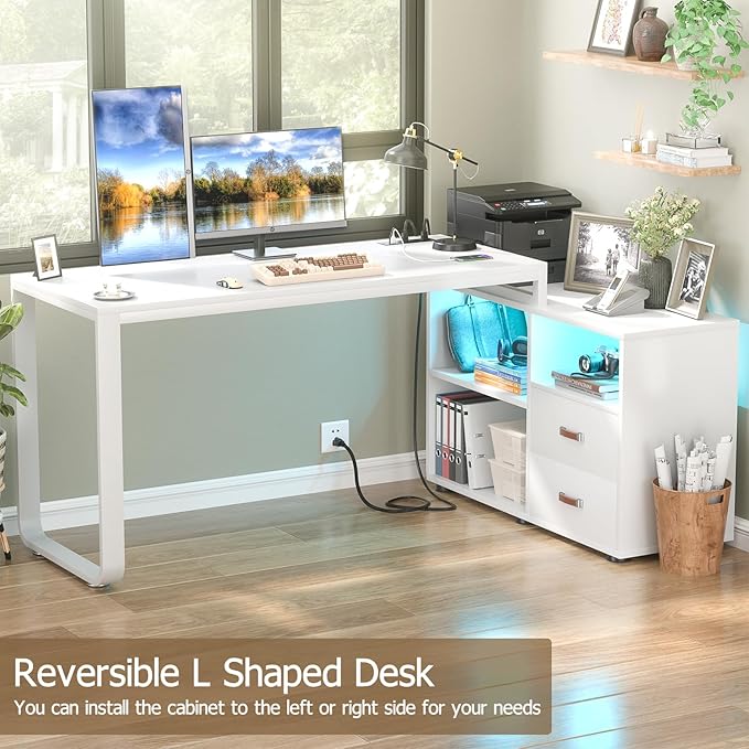 Homieasy L Shaped Desk with File Cabinet &amp Power Outlet Reversible 55 Inch Large Corner Computer Desks with LED Strip L-Shaped Desk with Drawers and Storage Shelves for Home Office White