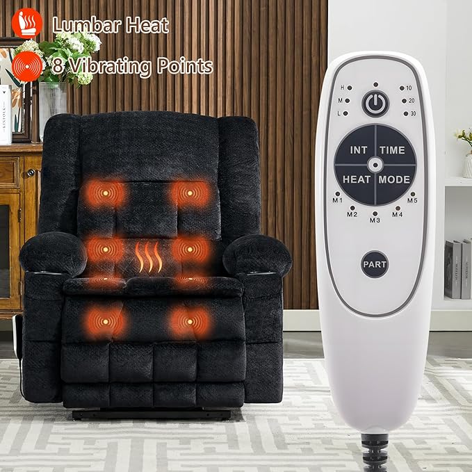 Massage Power Lift Recliner Chair Lift Recliner with Heat Recliners with 8 Massage PointsUSB Charge Port 2 Cup Holders Suitable for Elderly Adults Man Women for Living RoomBedroom (Black)