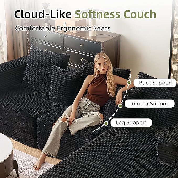 108'' Boneless Couch Sectional Boneless Couch w/Deep Seat Cloud Boneless Couches w/Stripe&amp Flannel Fabrics Boneless L Shaped Couches for Living Room Right Facing Chaise Black