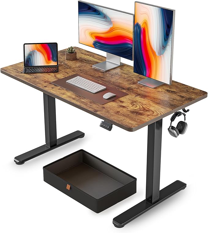 FEZIBO 48 x 24 Inch Standing Desk with Drawer Sit Stand Computer Desk Ergonomic Workstation Home Office Stand Up Table with Storage &amp2 Hooks Rustic Brown