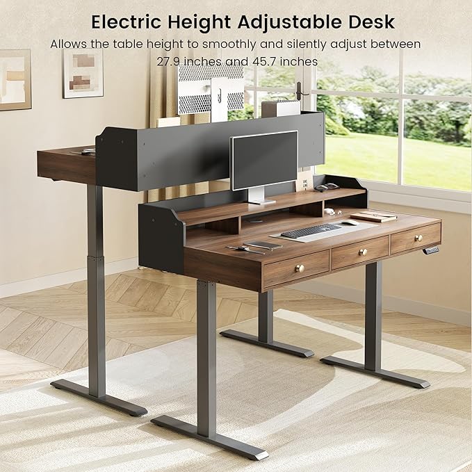 Standing Desk with 3 Drawers 47.2 x 26 Inches Height Adjustable Desk with Monitor Shelf Electric Stand Up Table with Storage for Home and Office Black Walnut