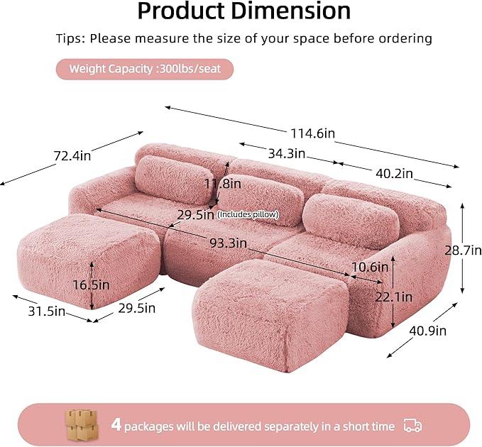 Boneless Couch Sectional Couches for Living Room 114.7'' U Shaped Modular Sectional Sofa with Ottoman Comfy Plush Cloud Couch with Deep Seat Oversized 3-Seater Modular Couches Pink