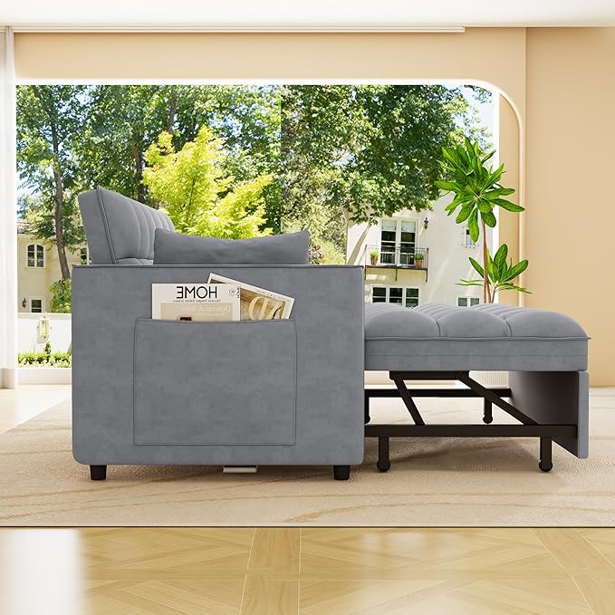 Hommoo 53 Sleeper Sofa Bed Pull Out Couch Convertible 3 in 1 Futon Lounge Sofa Small Love Seat for Living Room Apartment Comfy Velvet Reclining Back with Pillows and Pockets Light Grey