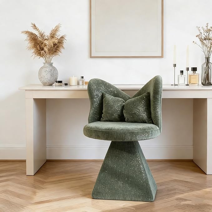 KEIKI Chenille Vanity Chair with Butterfly Back 360° Swivel Armless Accent Chair Upholstered Single Sofa for Living Room Bedroom Dining Vanity Green