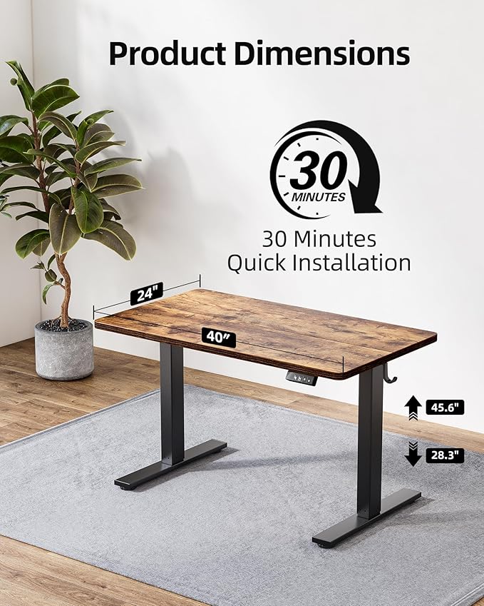 TIQLAB Height Adjustable Electric Standing Desk 40 x 24 inch Sit Stand Up Desk Splice Board Computer Home Office Desk Rustic Brown Top