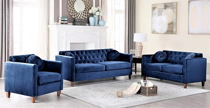 Persaud Living Room Chair with Classic Chesterfield Velvet Upholstery Ideal for Home Apartment and Office Chair Cobalt Blue