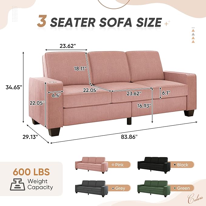 83.86 Corduroy 3-Seater Sofa with Extra Deep Seat Modern Cloud Couch with 2 Cup Holders Comfy Upholstered Sofa for Living Room Apartment &amp Office Pink