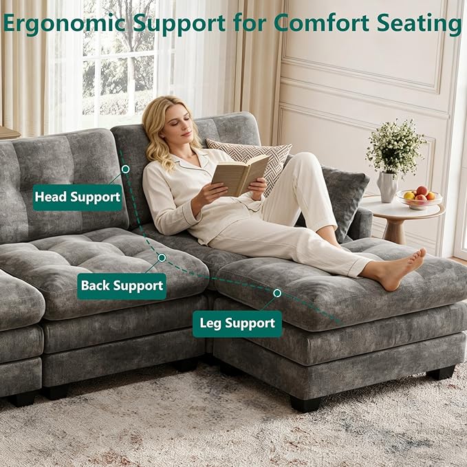 Modular Sectional U Shaped Sofa Couches for Living Room Cloud Couch with Movable Ottoman Comfy Chenille Sofa with Pillow for Bedroom and ApartmentDark Gray-Tufted