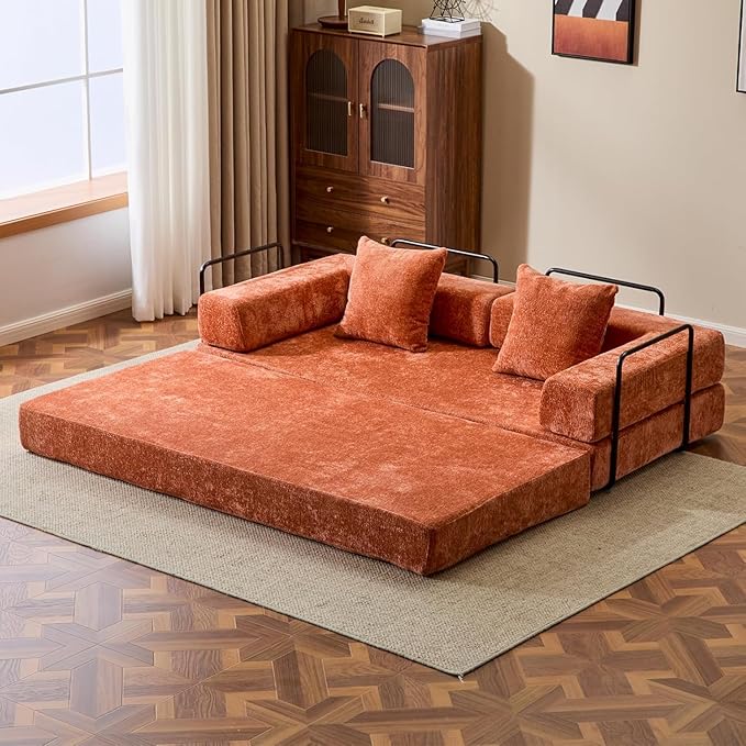 Convertible Sleeper Sofa Bed Compression Folding Sofa with Pillow No Assembly Required Shape Frame Floor Sofas Lounge Couch for Living Room Bedroom Small Spaces (Chenille 77''W Orange)