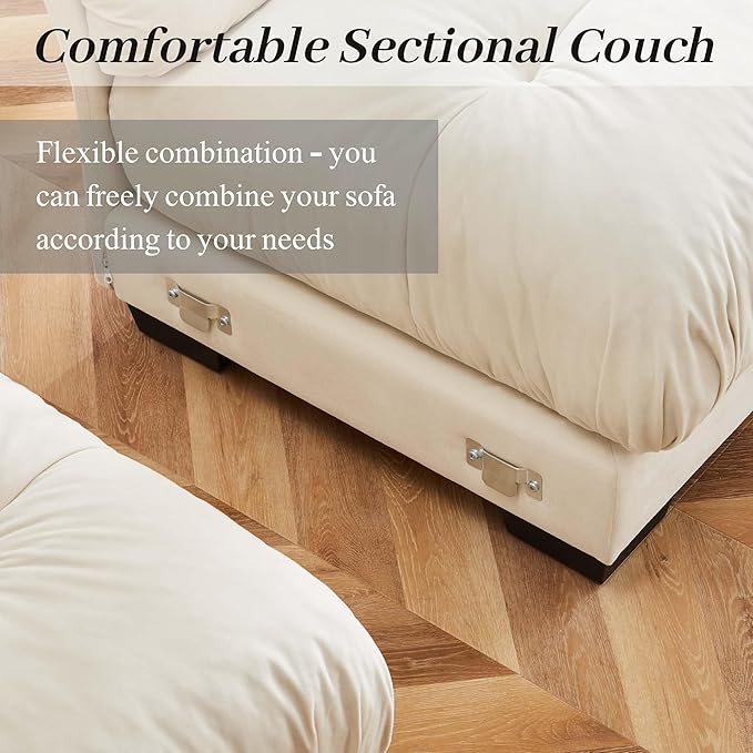 94 Modular Sectional SofaVelvet Upholstered Couches for Living Room3 Seater Beige Sofa Couch with Movable OttomanBig Comfy Loveseat Sofa with Deep Seats for Living RoomApartmentBedroom