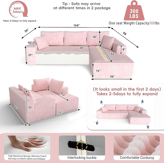 104 Cloud Sectional Sofa with L-Shaped Chaise Plush Corduroy FabricModern Modular CouchUpholstered Deep Seat for Living Room BedroomNo Assembly Required 3-Seater (Right Facing Chaise) Pink