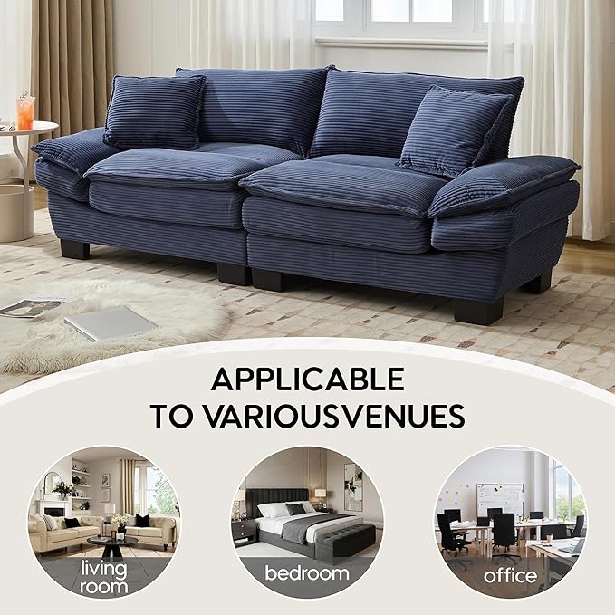 Modern 84 Corduroy Loveseat Sofa Ultra-Comfy Couch with 2 Pillows for Apartment Living Room Bedroom Home Office (Blue)