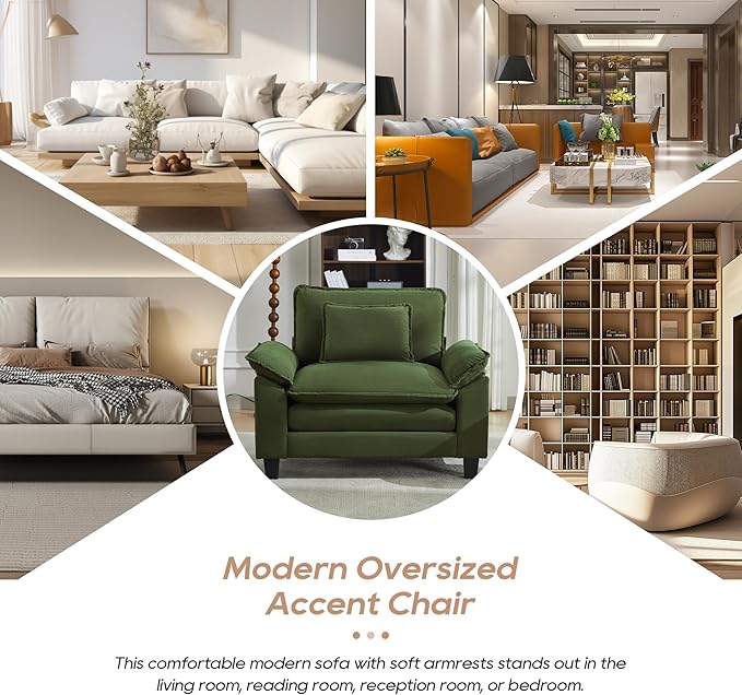 IPKIG Chenille Oversized Accent Chair - 53 W Cozy Upholstered Single Reading Armchair Modular Cloud Sofa for Living Room Bedroom Kids Room Family Room Reading Nook (Green Chair Only)