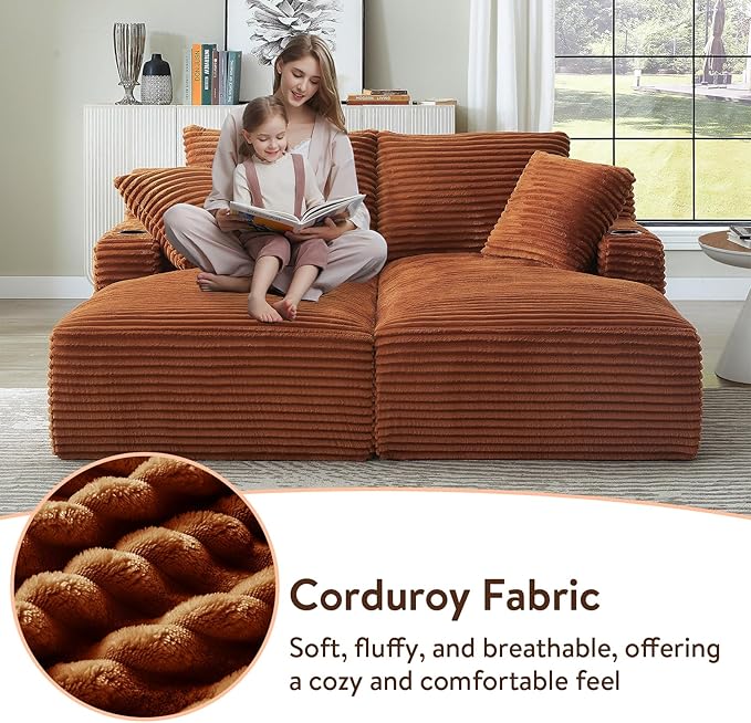 Oversized Double Chaise Lounge Chair Indoor Fluffy Upholstered Corduroy Sofa Bed with Throw Pillows Comfy Sleeper Deep Seat Sectional Loveseat Sofa Couch for Living Room (Orange)