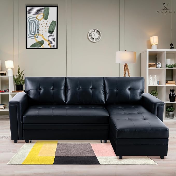 Naomi Home Lily Sectional Sleeper Sofa with USB Ports-L-Shaped Couch Convertible Pull-Out Bed Ample StorageTimeless DesignSturdy ConstructionLong-Lasting for Modern Living - Black Air Leather