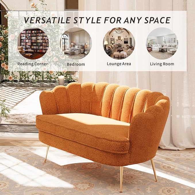 59'' Loveseat Sofa Modern Sherpa Boucle 2-Seater Sofa with Golden Legs Comfy Upholstered Shell Accent Couch for Store Living Room Studio Office (Caramel).