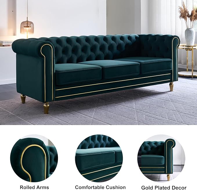 Homtique 84 Modern Green Velvet Chesterfield Sofa 3-Seater Button Tufted Rolled Arms Gold Legs