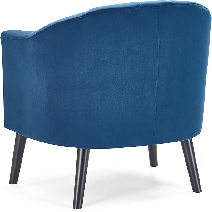 Ivey Barrel Chair Button Tufted Plush Back Cushion Luxury Black Wooden Legs Modern Living Room Upholstery Accent Furniture Blue Velvet