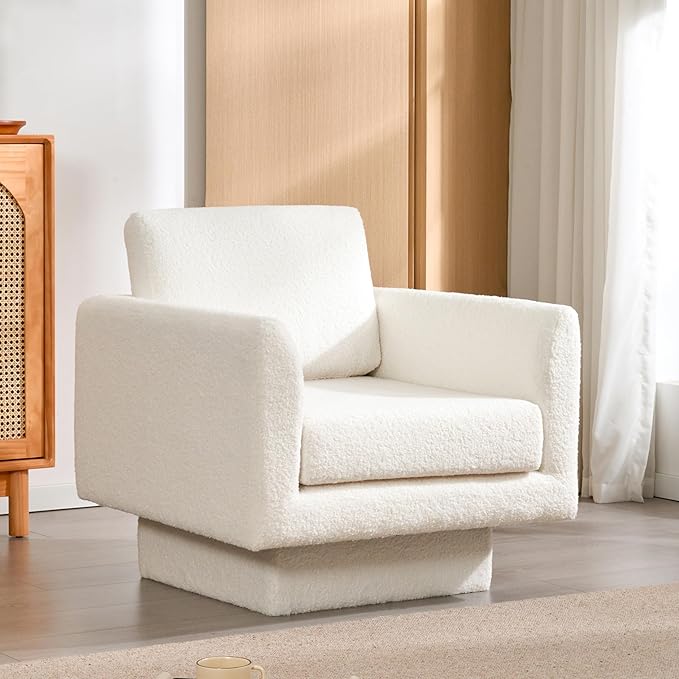 360° Swivel Modern Accent Chair 30 W Teddy Velvet Sherpa Fabric Armchair Thick Padded Upholstered Barrel Chair Comfy Lounge Sofa Reading Club Chair for Living Room Bedroom Nursery (Cream)