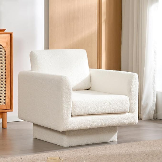 360° Swivel Modern Accent Chair 30 W Teddy Velvet Sherpa Fabric Armchair Thick Padded Upholstered Barrel Chair Comfy Lounge Sofa Reading Club Chair for Living Room Bedroom Nursery (Cream)