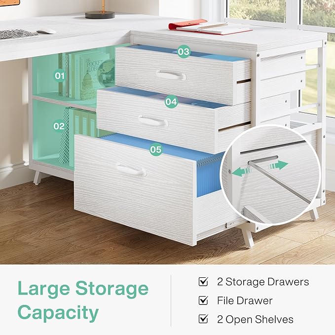 Tribesigns 53 L Shaped Office Desk Reversible Corner Computer Desk with 3 File Drawers and 2 Storage Shelves for Home Office Study Gaming Room (White)