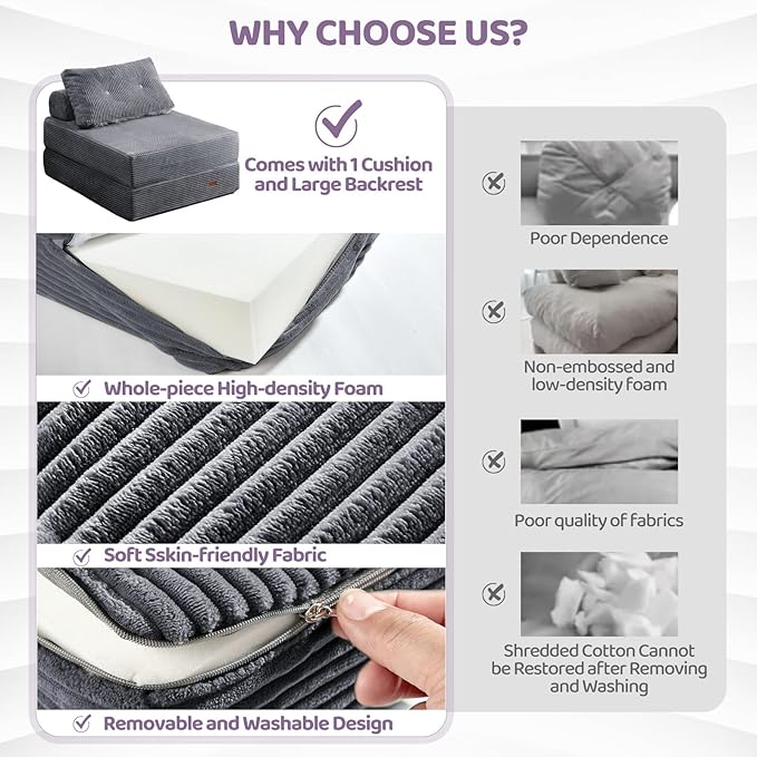 Folding Chair Bed Convertible Sofa Bed with PillowsFold Out Chair Bed with High-Density FoamChair Bed Sleeper for Adults Perfect for Living Room 、Hotel 、Apartment  Single Dark Gray