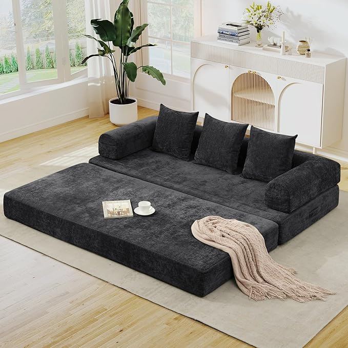 3 in 1 Convertible Futon Sofa Bed Modern King Size Chenille Loveseat Sleeper Sofa Folding 3-Seater Foldable Lounger Couch Bed for Living Room Bedroom Guest Room (Black 3 Throw Pillows)