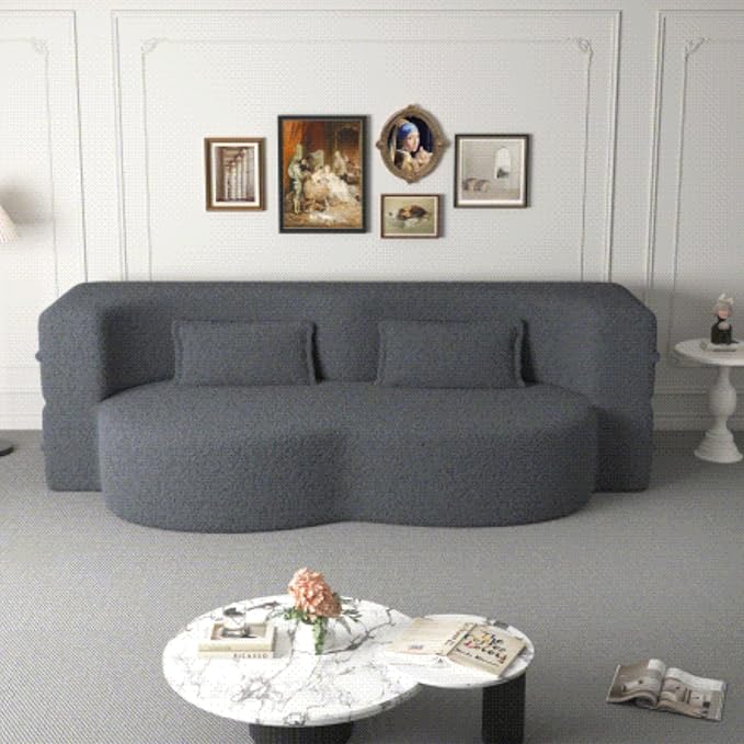 Modern Floor Sofa with 2 Pillows Convertible Teddy Fabric Foam-Filled Sleeper Sofa Bed 15 Full Size Folding Mattress for Living Room Guest Bed Playroom No Assembly Required Grey