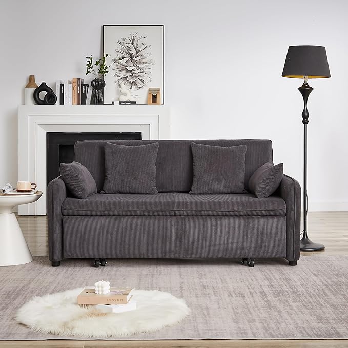Ball &amp Cast 66 Convertible Sofa Bed3-in-1 Corduroy Loveseat Sleeper Pull Out Couch Bed with Pillows and Side Pockets Deep Seat Comfy Sofa Couches for Living RoomApartmentDark Grey