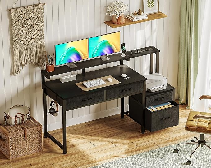 AODK Computer Desk with 4 Drawers 48 Inch Office Desk with Printer Shelf &amp Built-in Power Outlet Work Desk with Monitor Shelf for Home Small Spaces Black