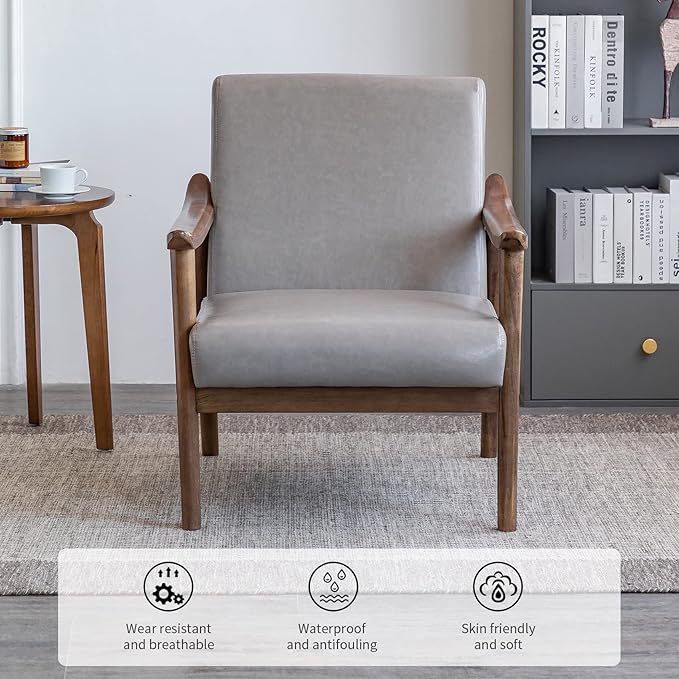 UNICOO - PU Leather Accent Chair Armchair with Solid Wood Frame. Mid Century Modern Reading Arm Chair Sofa Chairs for Living Room Bedroom (U2120-Grey)