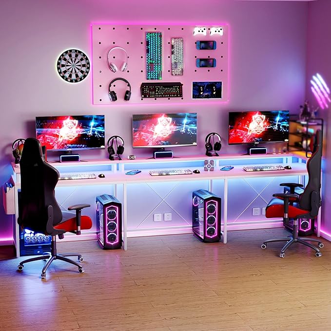 U Shaped Gaming Desk 79 Reversible U Shaped Desk with Power Outlets LED Lights Monitor Stand &amp Storage Shelves Corner Office Desk for Home Office Gaming Workstation (Pink)