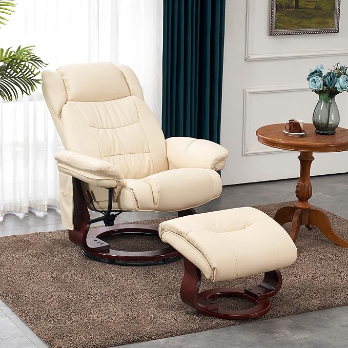 MCombo Swivel Recliners with Ottoman Vibration Massage TV Chairs with Side Pocket Faux Leather Ergonomic Lounge Chair for Living Room Bedroom 4734 (Cream White)