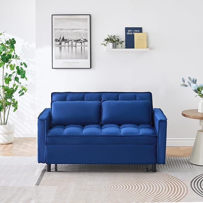 3 in 1 Convertible Sofa BedModern Velvet Loveseat Sleeper Sofa Bed with Adjustable Backrest Storage Pockets and PillowsSuitable for Living RoomGuest RoomBlue