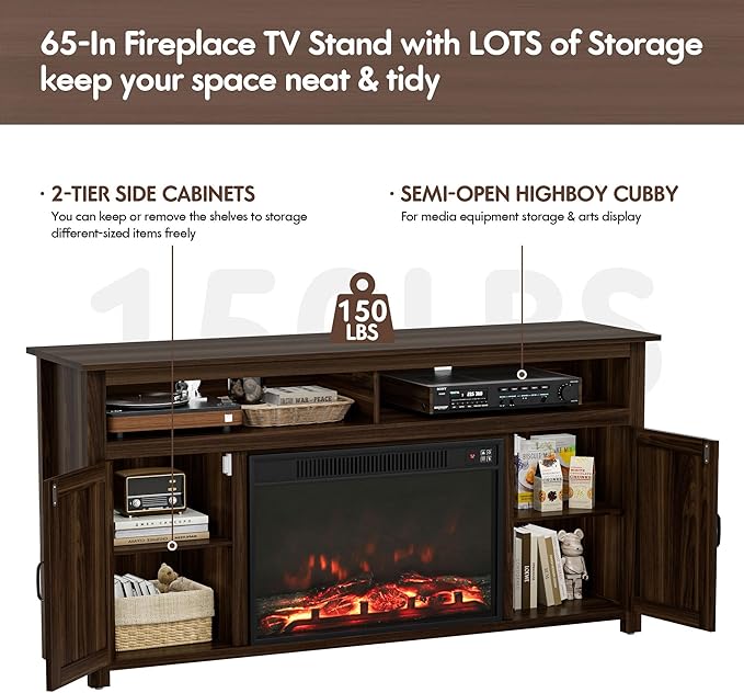 YESHOMY Fireplace TV Stand for Television up to 65+ Inch with Storage and Farmhouse Barn Doors Entertainment Center with Cabinet and Shelves Media Console for Living Room Walnut