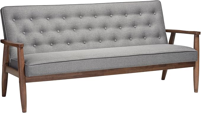 Baxton Studio Sorrento Mid-Century Retro Modern Fabric Upholstered Wooden 3-Seater Sofa Grey 70.59 x 29.45 x 32.96