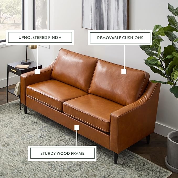 Edenbrook Jensen Upholstered Couch - Camel Faux Leather for Living Room - Small Seats Three - Scoop Arm Modern Furniture