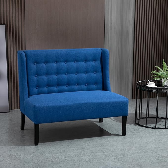 HOMCOM Wingback Double Sofa Linen Fabric Upholstery Button Tufted Loveseat Armless Couch Modern Contemporary Living Room Settee with Wood Legs Blue