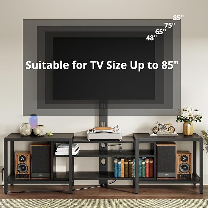 IRONCK 79 Inch TV Stand for TVs up to 85 Inch with Mount and Power Outlet 3 Tiers TV Console with Storage Shelves Entertainment Center Steel Frame for Living Room Bedroom Black