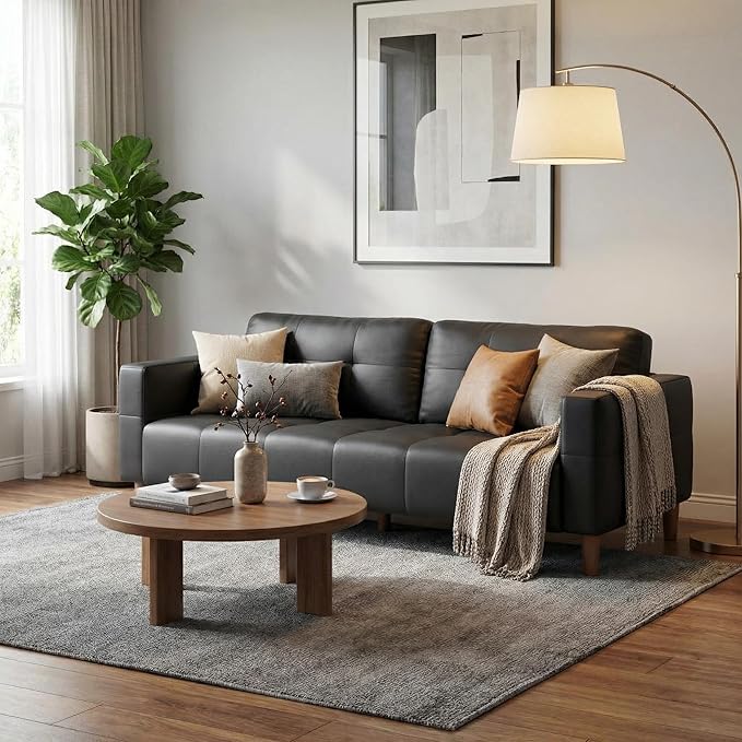 IDEALHOUSE 3-Seater Sofa Couch 83 Wide Faux Leather Sofa Couch with Spring Cushion Sofa with Deep Seats and 2 Removable Back Cushions Black