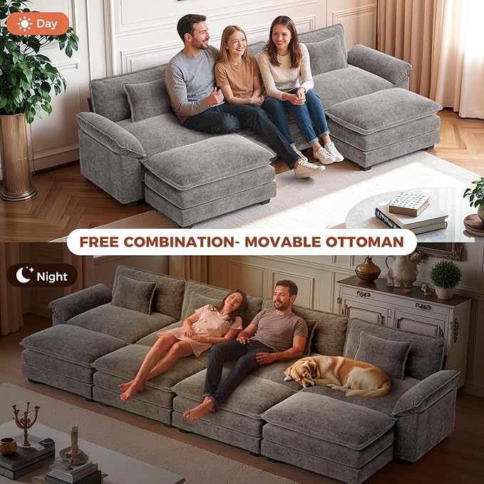 CDCASA 117 Oversized Modular Sectional Sofa with Corner Comfy L-Shaped Cloud Couch 4-Seater Chenille Deep Seat Modern Sofa Couch for Living Room DIY Combination Grey