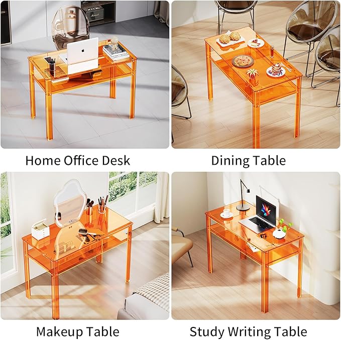 Clear Acrylic Desk with Open Storage Home Office Computer Writing Desk Office Study Table (Orange 39.4'' x 19.7'' x 29.5'')