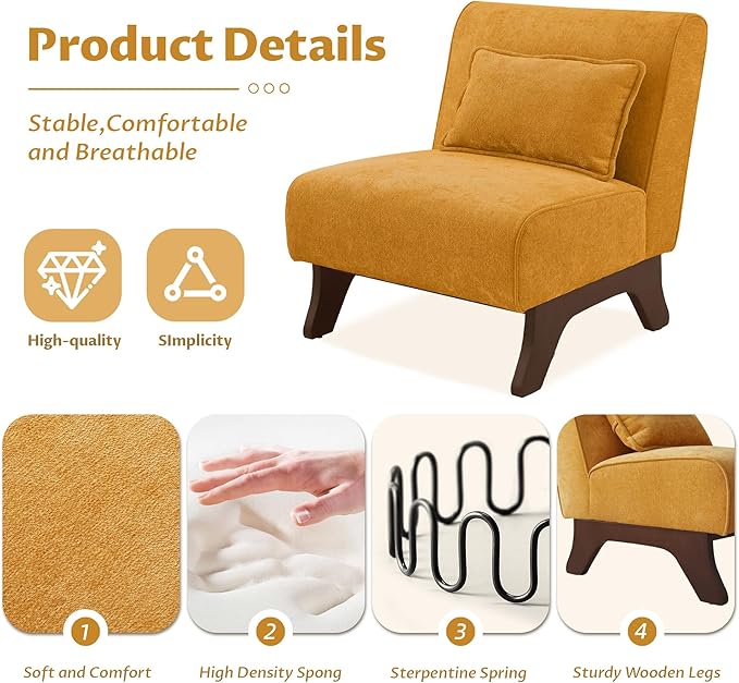 Set of 2 Upholstered Armless Accent ChairModern Comfy Living Room Chairs with Wooden Legs&amp PillowsLounge Sofa Side Chair for Bedroom Farmhouse Reading (Yellow 2 PCS)