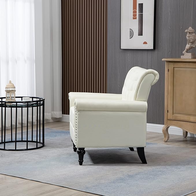 Upholstered Lounge Arm Chair Single Sofa for Living Room Bedroom Beige Modern Accent Chair Linen ArmchairTufted BackWood Legs