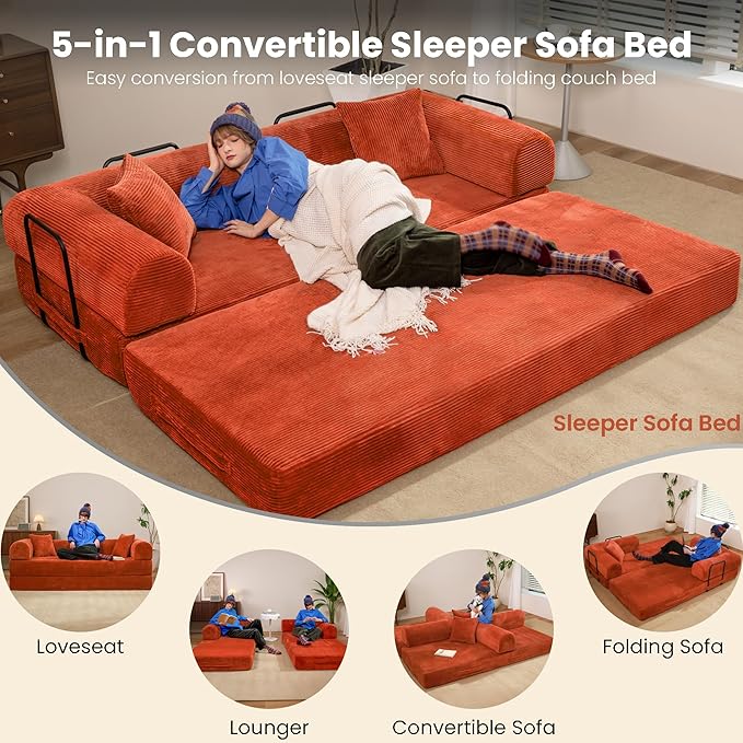 79 Convertible Sofa Bed Boneless Corduroy Sleeper Foldable Modular Couch Memory Foam Compressed Sofa in A Box Folding Mattress Floor Couch for Small Space Living Room Apartment Bedroom Orange