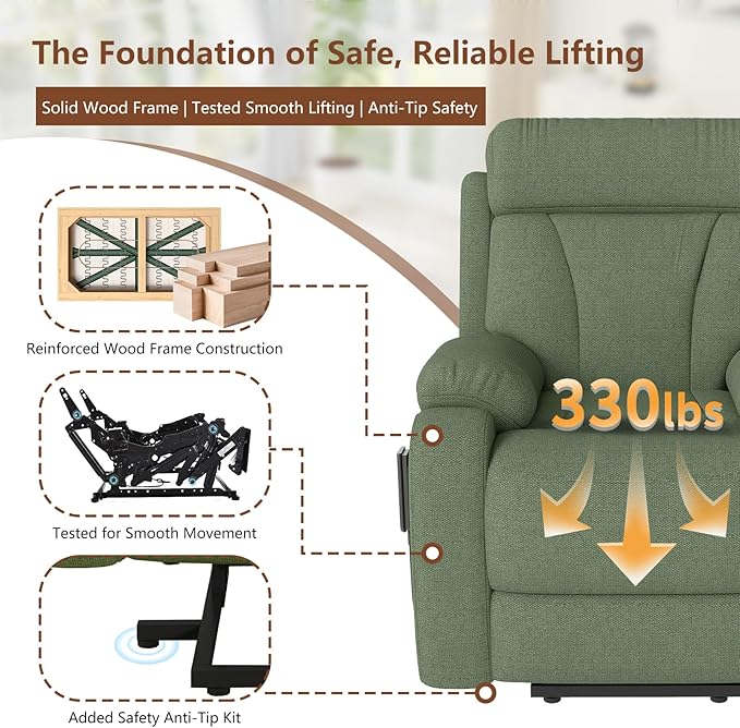 cinkehome Small Power Lift Recliner for Elderly Lift Chair Recliners Electric Recliner Chairs for Seniors Remote Control Adjustable Side Pocket (Green)